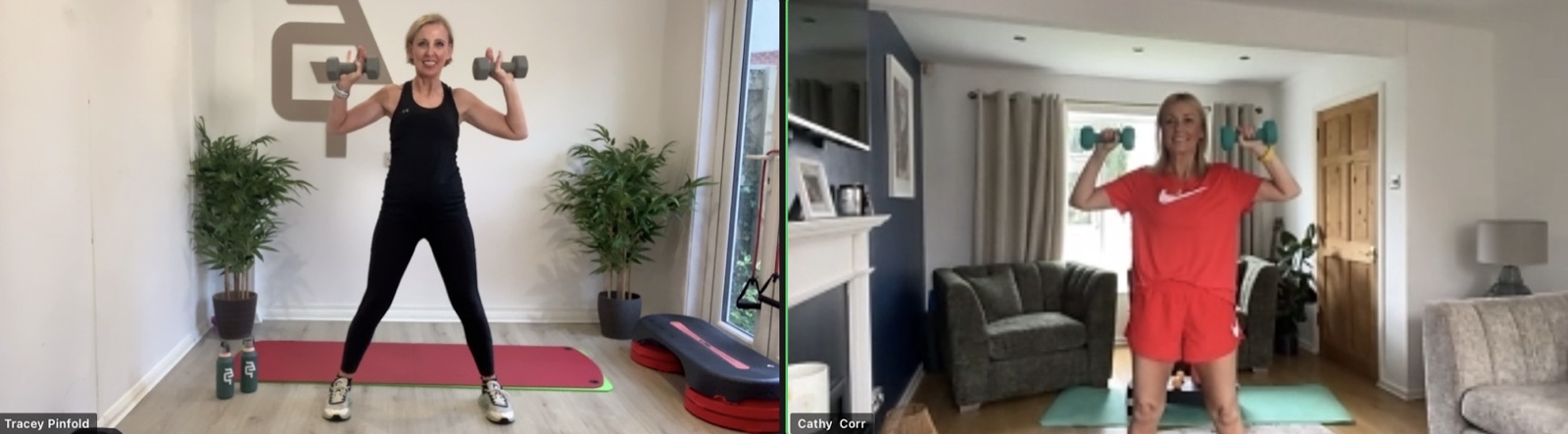 An online training session: Tracey and Cathy raising dumbbells together over Zoom