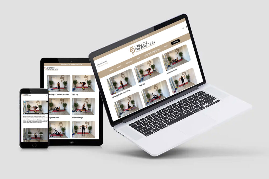 Exercise Prescription on-demand workout platform displayed on laptop, tablet and smartphone.