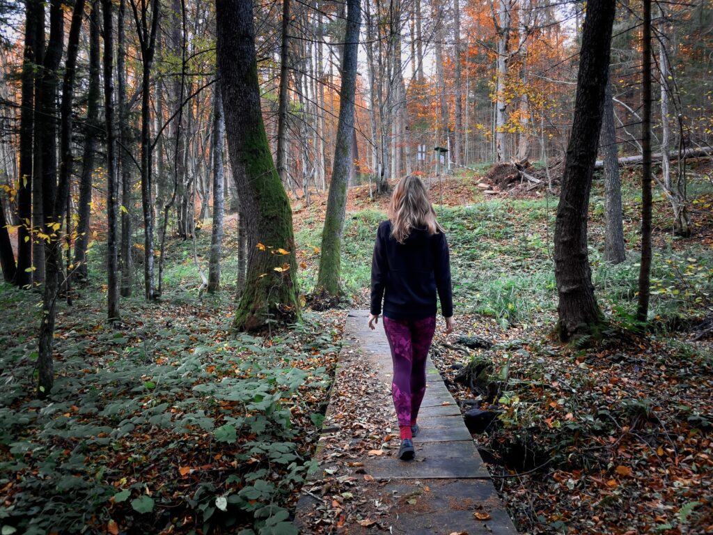 Person walking along a woodland path to support mental health and wellbeing.