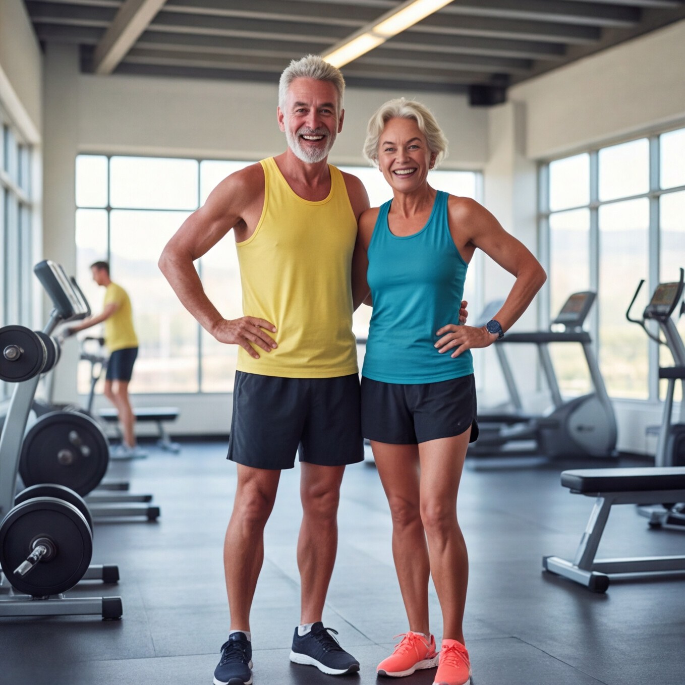 A smiling older couple standing together in a bright gym